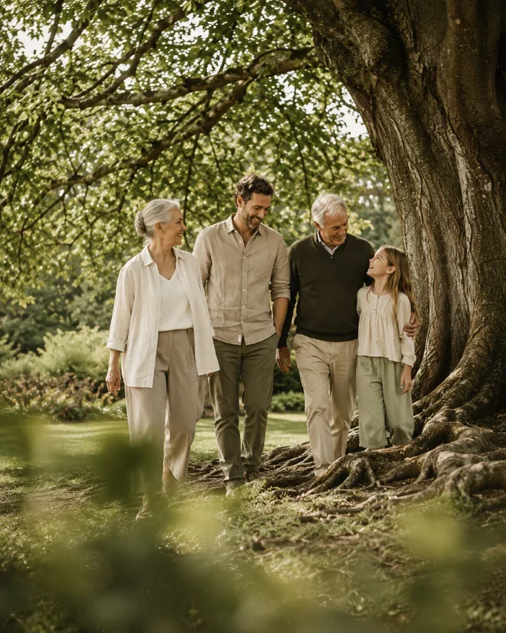 Three generations of a family walking together beneath a mature tree